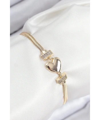 Pirinç Zirkon Taşlı Kalp Model Gold Renk Kadın Bileklik