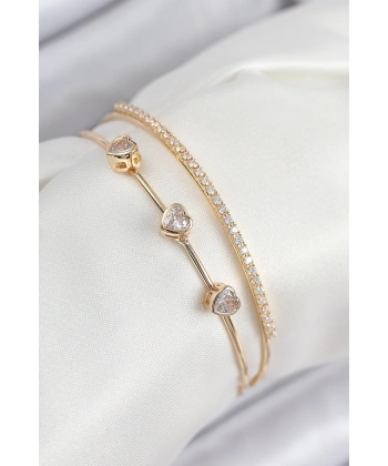 Pirinç Zirkon Taşlı Kalp Model Gold Renk Kadın Bileklik