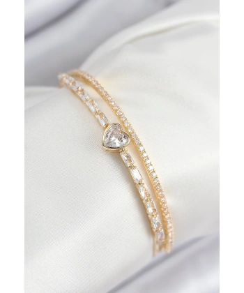 Pirinç Zirkon Taşlı Kalp Model Gold Renk Kadın Bileklik