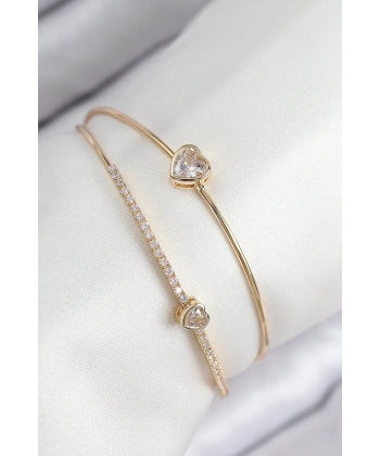 Pirinç Zirkon Taşlı Kalp Model Gold Renk Kadın Bileklik