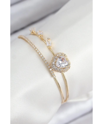 Pirinç Zirkon Taşlı Kalp Model Gold Renk Kadın Bileklik