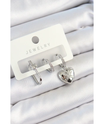 Pirinç Zirkon Taşlı Kalp Model Gümüş Renk 3lü Çift Kadın Küpe Set