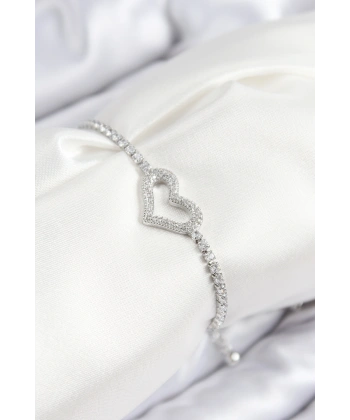 Pirinç Zirkon Taşlı Kalp Model Gümüş Renk Asansörlü Kadın Bileklik