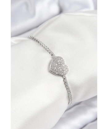 Pirinç Zirkon Taşlı Kalp Model Gümüş Renk Asansörlü Kadın Bileklik