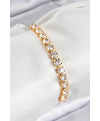 Pirinç Zirkon Taşlı Kare Model Gold Renk Asansörlü Kadın Bileklik