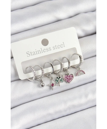 Pirinç Zirkon Taşlı Karpuz Yonca Kalp Pusula Karışık Model Gümüş Renk 6lı Set Kadın Küpe