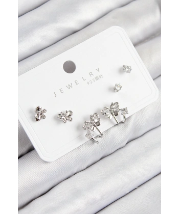 Pirinç Zirkon Taşlı Kelebek Model Gümüş Renk 925 Ayar Gümüş Çivi Kadın Küpe Set