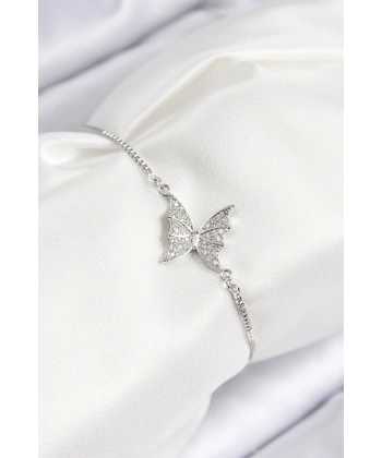 Pirinç Zirkon Taşlı Kelebek Model Gümüş Renk Asansörlü Kadın Bileklik