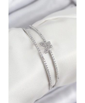 Pirinç Zirkon Taşlı Kelebek Model Gümüş Renk Kadın Bileklik