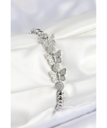 Pirinç Zirkon Taşlı Kelebek Model Gümüş Renk Kadın Bileklik