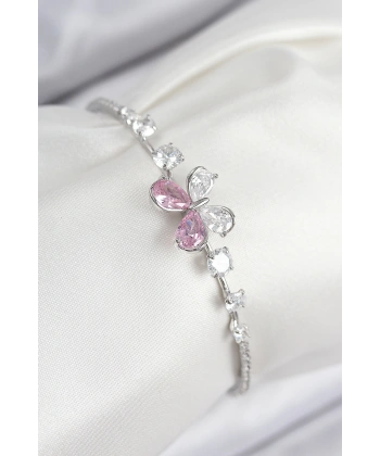 Pirinç Zirkon Taşlı Kelebek Model Gümüş Renk Kadın Bileklik