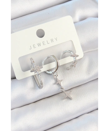 Pirinç Zirkon Taşlı Kelebek Ve Sallantılı Yıldız Model Gümüş Renk 3lü Çift Kadın Küpe Set