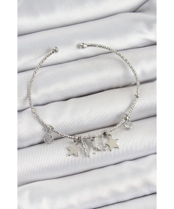 Pirinç Zirkon Taşlı Kelebek Ve Yıldız Model Gümüş Renk Charm Bileklik