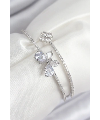 Pirinç Zirkon Taşlı Kelebek Ve Yonca Model Gümüş Renk Kadın Bileklik