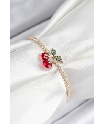 Pirinç Zirkon Taşlı Kiraz Model Gold Renk Asansörlü Kadın Bileklik