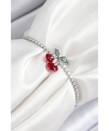 Pirinç Zirkon Taşlı Kiraz Model Gümüş Renk Asansörlü Kadın Bileklik