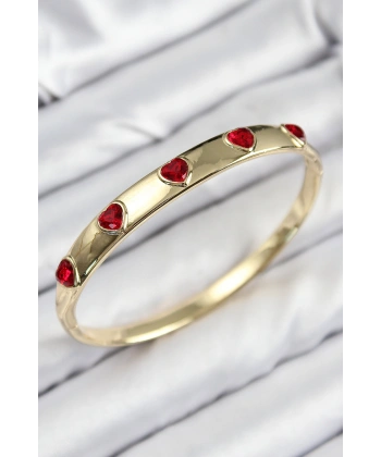 Pirinç Zirkon Taşlı Kırmızı Kalp Model Gold Renk Kadın Kelepçe