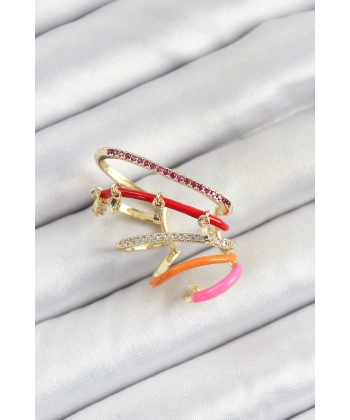 Pirinç Zirkon Taşlı Kırmızı Turuncu Pembe Sıkıştırma Sağ Kıkırdak Gold Renk Kadın Küpe