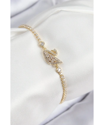 Pirinç Zirkon Taşlı Kuğu Model Gold Renk Kadın Bileklik