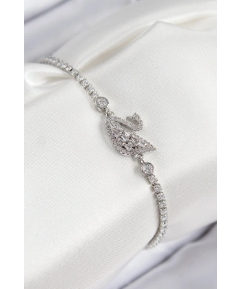 Pirinç Zirkon Taşlı Kuğu Model Gümüş Renk Kadın Bileklik