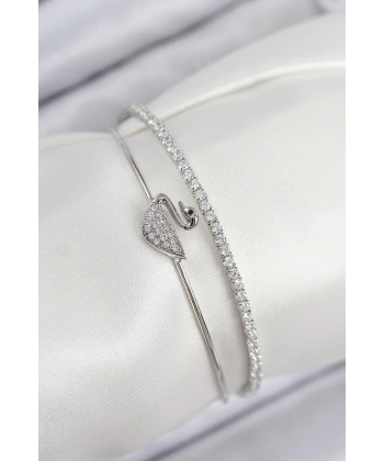 Pirinç Zirkon Taşlı Kuğu Model Gümüş Renk Kadın Bileklik