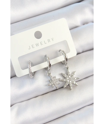 Pirinç Zirkon Taşlı Kutup Yıldızı Model Gümüş Renk 3lü Çift Kadın Küpe Set