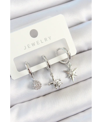 Pirinç Zirkon Taşlı Kutup Yıldızı Model Gümüş Renk 3lü Çift Kadın Küpe Set