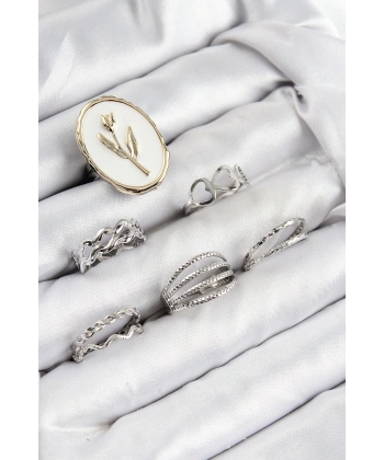 Pirinç Zirkon Taşlı Lale Model Gümüş Renk Kadın Yüzük Kombin Set