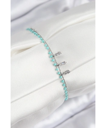 Pirinç Zirkon Taşlı Mavi Boncuklu Model Gümüş Renk Kadın Bileklik