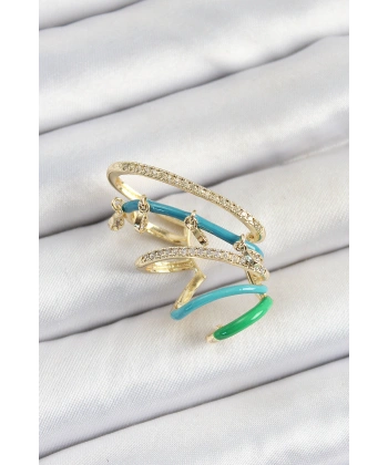 Pirinç Zirkon Taşlı Mavi Yeşil Sıkıştırma Sağ Kıkırdak Gold Renk Kadın Küpe