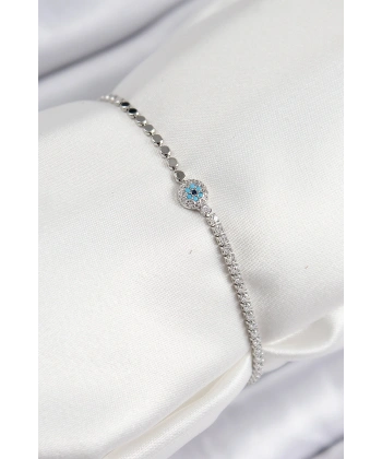 Pirinç Zirkon Taşlı Nazar Model Ezme Zincir Gümüş Renk Kadın Bileklik