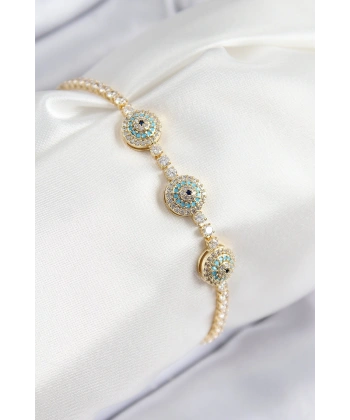Pirinç Zirkon Taşlı Nazar Model Gold Renk Kadın Bileklik