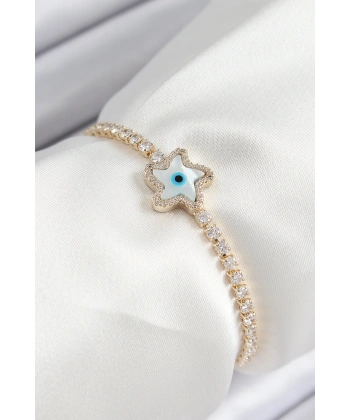 Pirinç Zirkon Taşlı Nazar Yıldız Model Gold Renk Asansörlü Kadın Bileklik