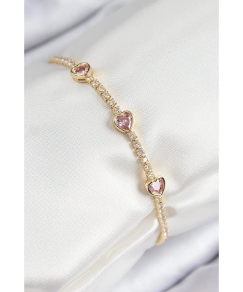 Pirinç Zirkon Taşlı Pembe Kalp Model Gold Renk Kadın Bileklik