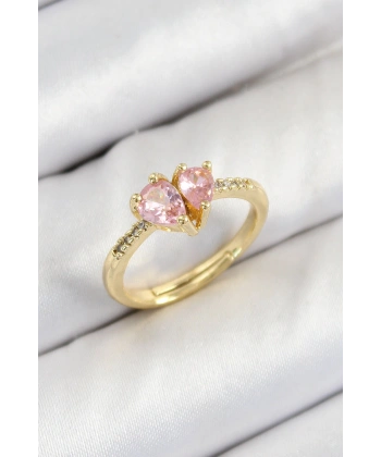 Pirinç Zirkon Taşlı Pembe Kalp Model Gold Renk Kadın Yüzük