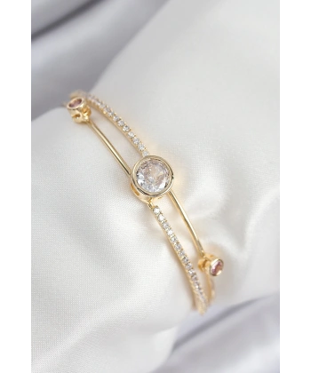 Pirinç Zirkon Taşlı Pırlanta Model Gold Renk Kadın Bileklik