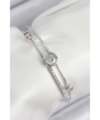 Pirinç Zirkon Taşlı Pırlanta Model Gümüş Renk Kadın Bileklik