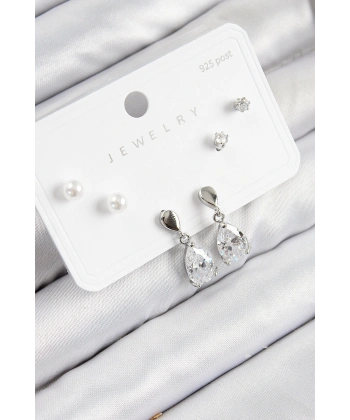 Pirinç Zirkon Taşlı Sallantılı Damla Model Gümüş Renk 925 Ayar Gümüş Çivi Kadın Küpe Set
