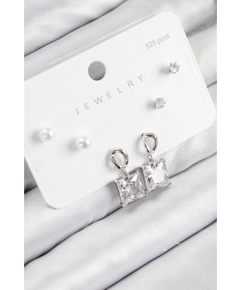 Pirinç Zirkon Taşlı Sallantılı Kare Model Gümüş Renk 925 Ayar Gümüş Çivi Kadın Küpe Set