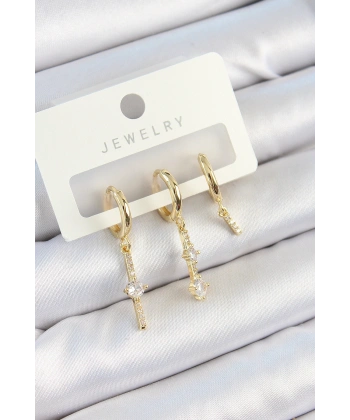 Pirinç Zirkon Taşlı Sallantılı Model Gold Renk 3lü Çift Kadın Küpe Set