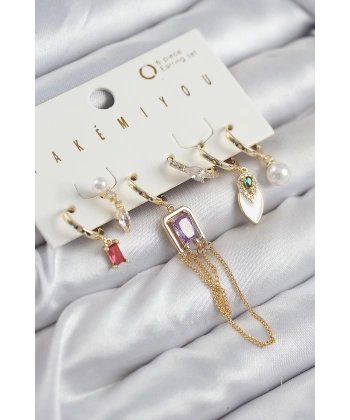 Pirinç Zirkon Taşlı Sallantılı Ve İncili Gold Renk 6lı Küpe Set