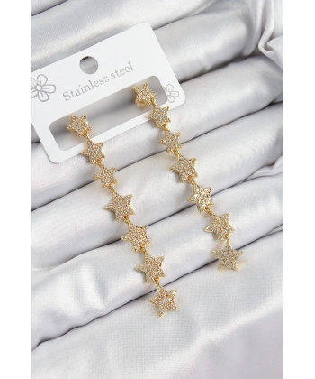 Pirinç Zirkon Taşlı Sallantılı Yıldız Model Gold Renk Kadın Küpe