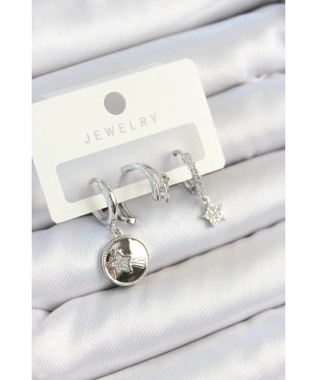 Pirinç Zirkon Taşlı Sallantılı Yıldız Model Gümüş Renk 3lü Çift Kadın Küpe Set