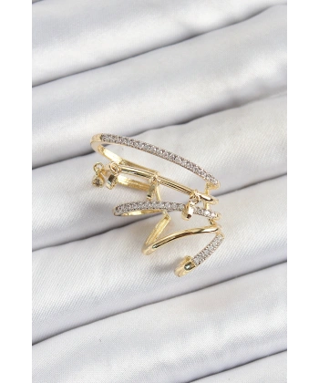 Pirinç Zirkon Taşlı Sıkıştırma Sağ Kıkırdak Gold Renk Kadın Küpe