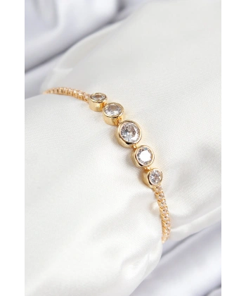 Pirinç Zirkon Taşlı Sıralı Daire Model Gold Renk Asansörlü Kadın Bileklik