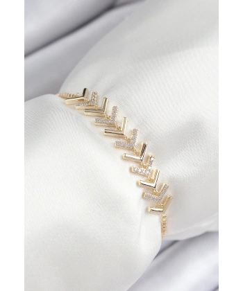 Pirinç Zirkon Taşlı Sıralı Ok Model Gold Renk Asansörlü Kadın Bileklik