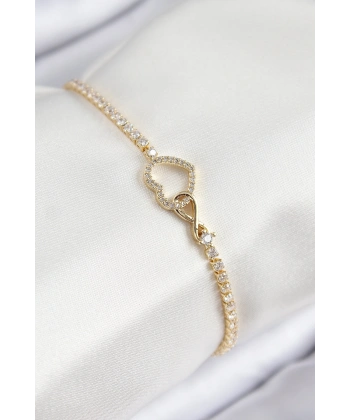 Pirinç Zirkon Taşlı Sonsuzluk Kalp Model Gold Renk Kadın Bileklik