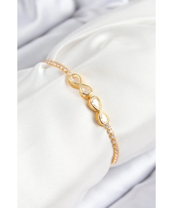 Pirinç Zirkon Taşlı Sonsuzluk Model Gold Renk Asansörlü Kadın Bileklik