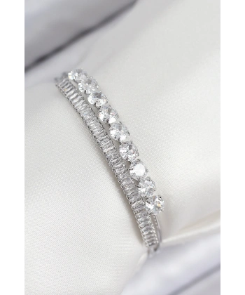 Pirinç Zirkon Taşlı Su Yolu Model Gümüş Renk Kadın Bileklik