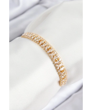 Pirinç Zirkon Taşlı Tennıs Model Gold Renk Asansörlü Kadın Bileklik